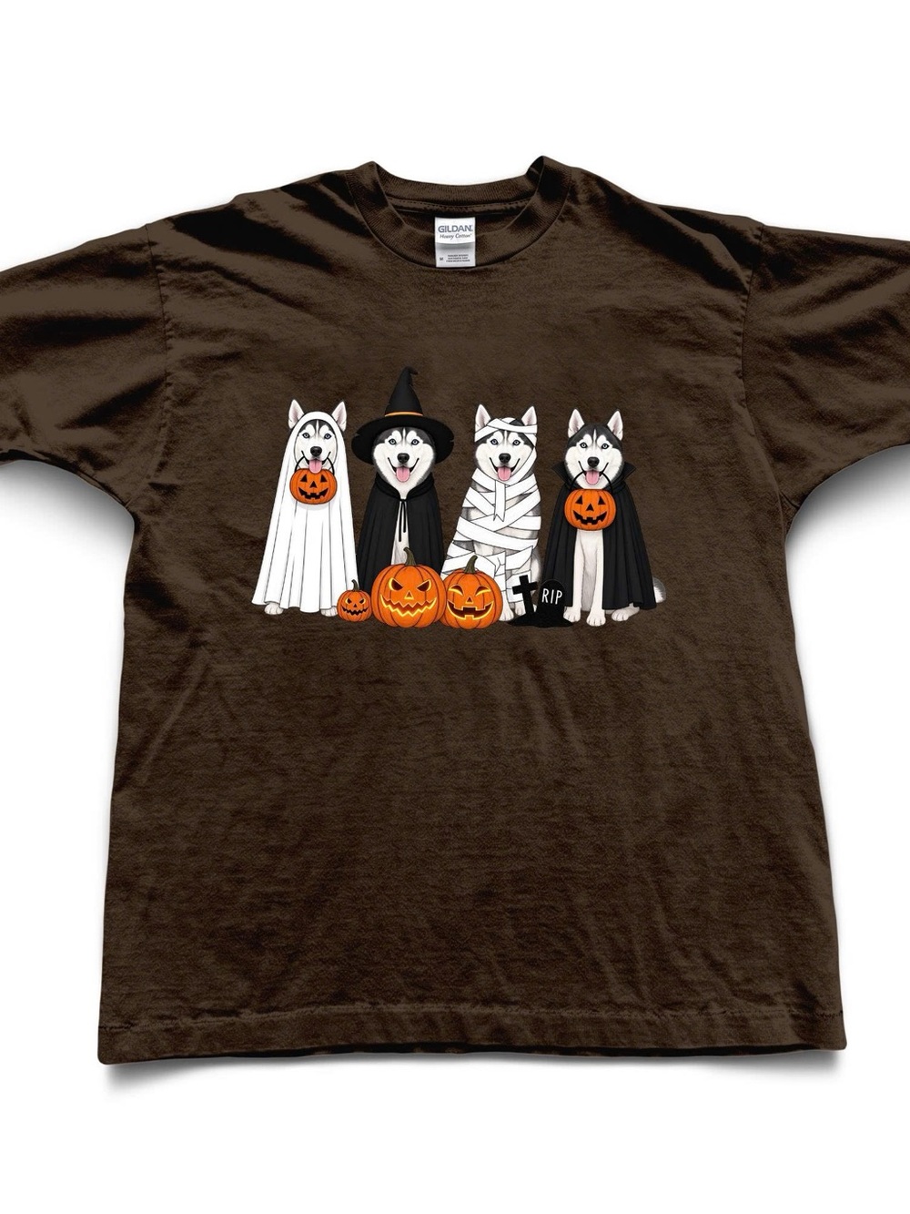 Gildan Brown Halloween Huskies Graphic Tee with Orange Pumpkins